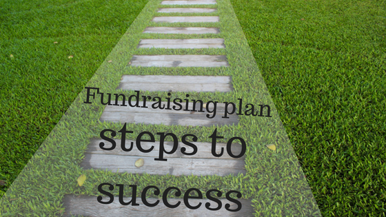 wooden steps on grass with text overlay: Fundraising plan steps to success